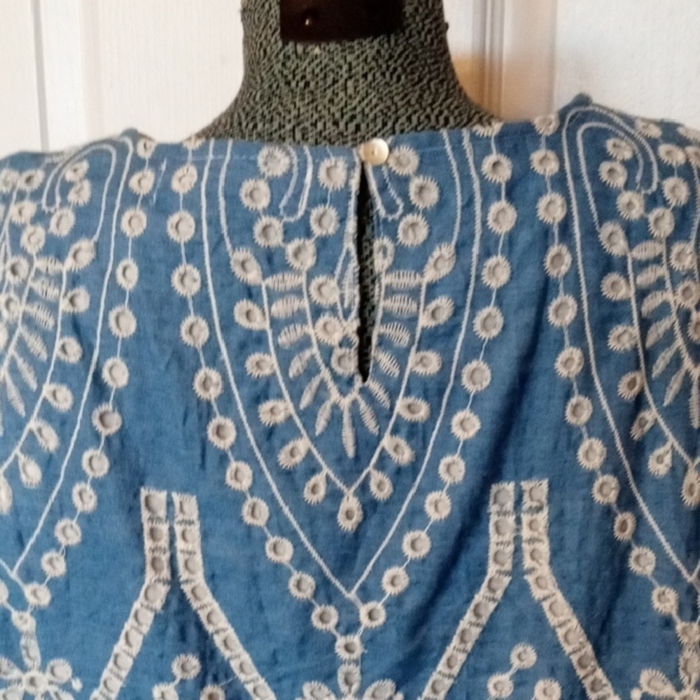 Sleeveless Blue Embroidered Tunic with White Lace Trim - Picture 4 of 5